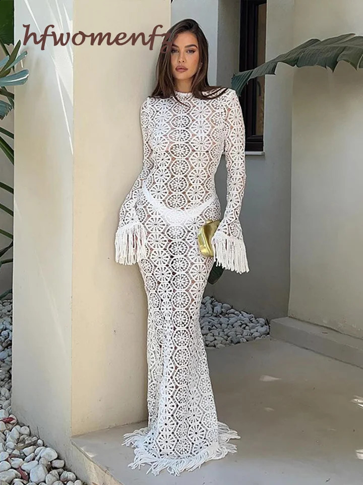 Elegant Knitted Tassel Hollow Out Maxi Dress Women White O-neck Long Sleeve Sundress Summer Lady Holiday Party Beach Robes 240819