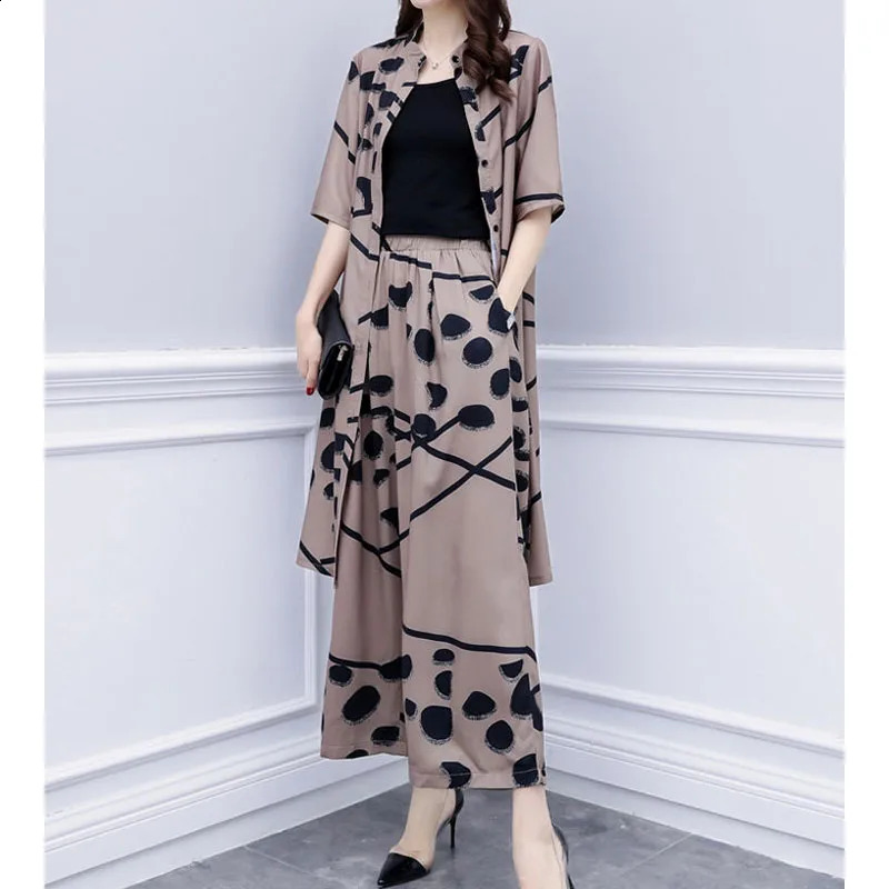 Vintage Fashion Female Single-breasted Cardigan Top Half Sleeve Printed Two Piece Set Casual Wide Leg Pants Sets Womens Clothing 240819
