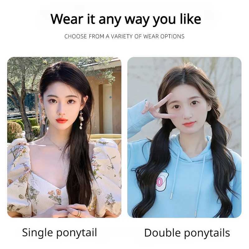 Synthetic fluffy long curly ponytail high elasticity wig with natural woven integrated side for household use womens daily hair W240817