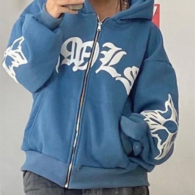 Y2K zip up hoodie Harajuku Hip Hop Punk streetwear goth Letter printing oversized hoodie Sweatshirt Vintage Loose Clothes 240819