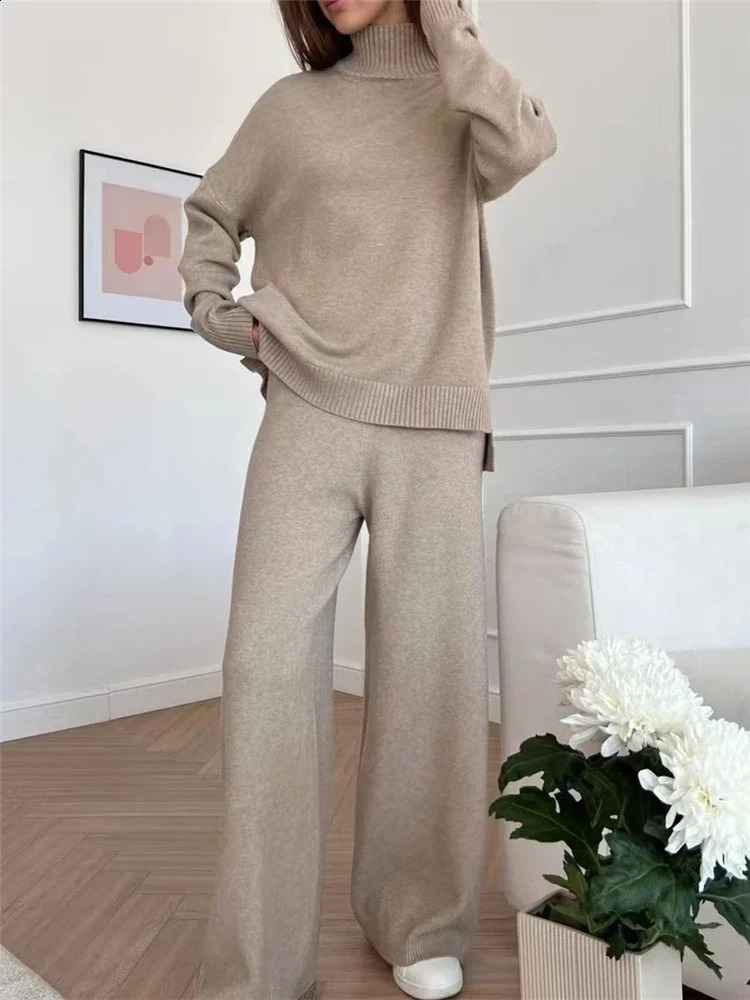 AutumnWinter Wool 2piece Womens Knitted Track Wear Turtle Neck Sweater and Straight Running Pants Set 240814