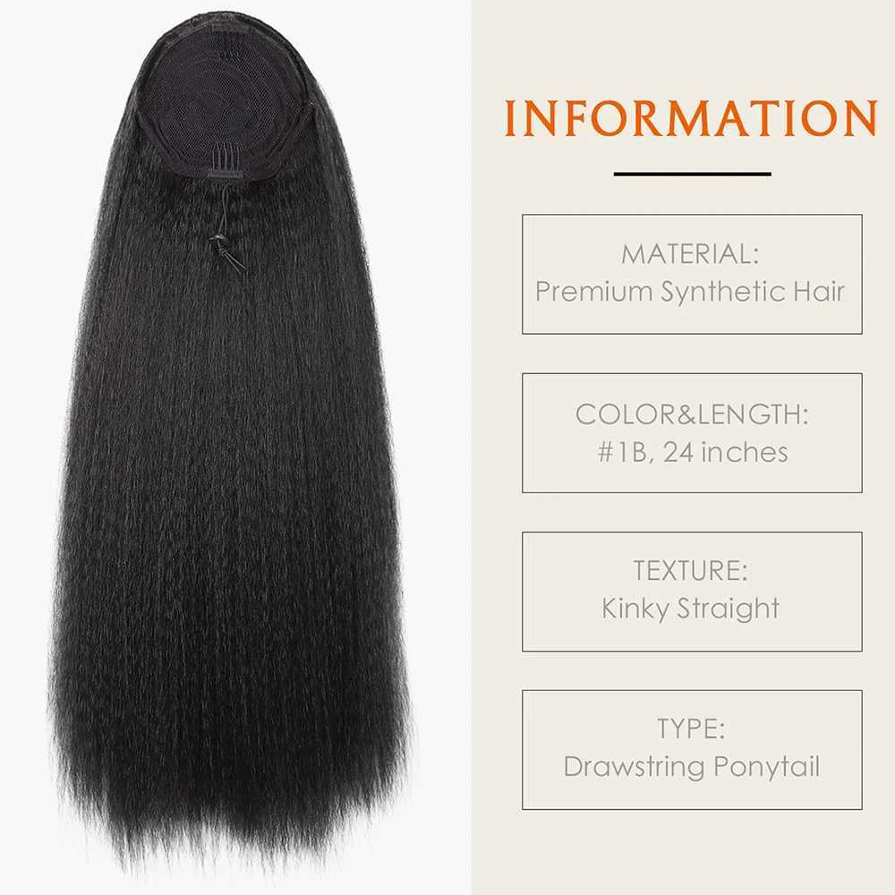 Synthetic wig 24 inch Yaki twisted straight ponytail with extended and brushed hair suitable for daily parties of black women W240817