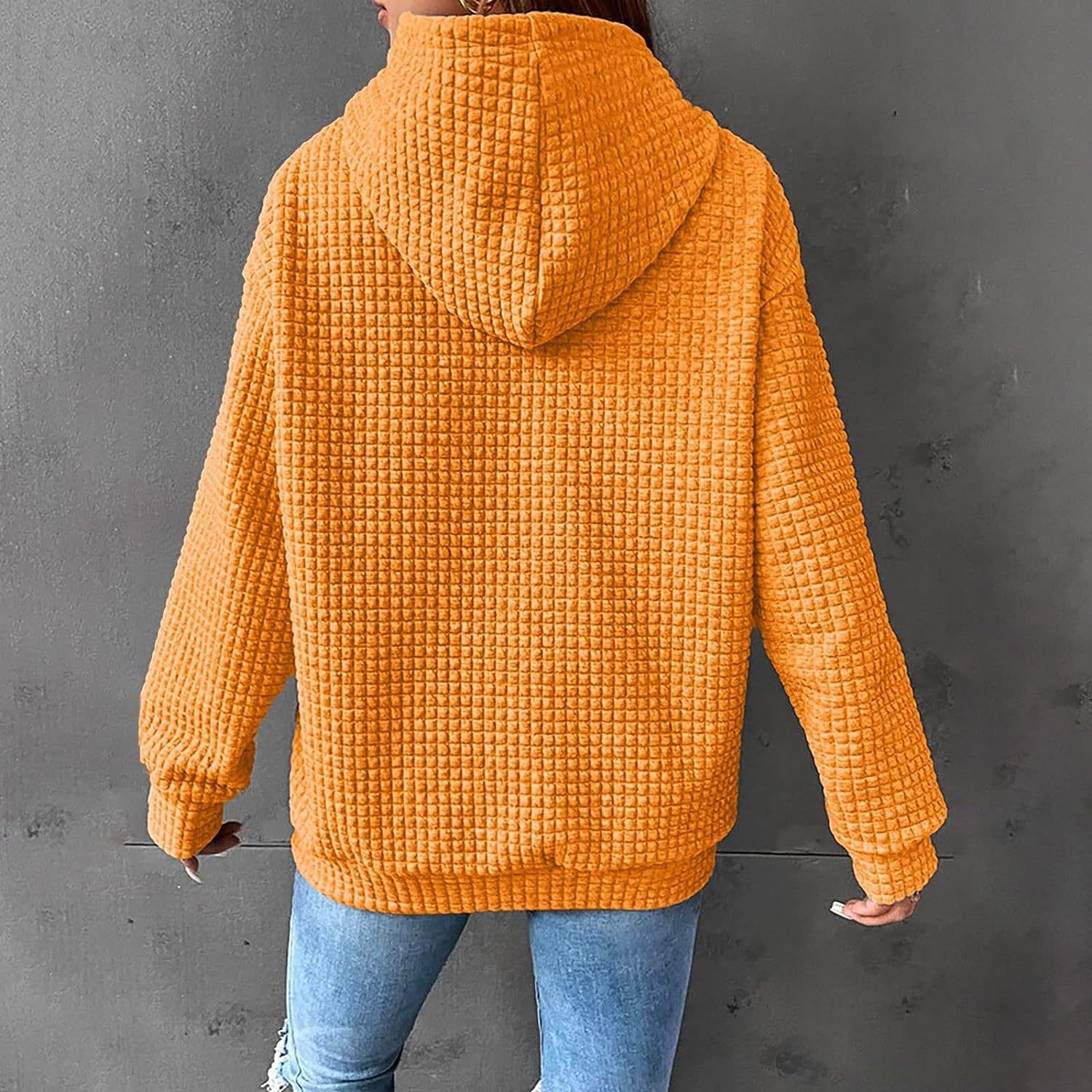 Women's Solid Color Waffle Hoodie with Long Sleeves and Drawstrings - Warm Pullover Top