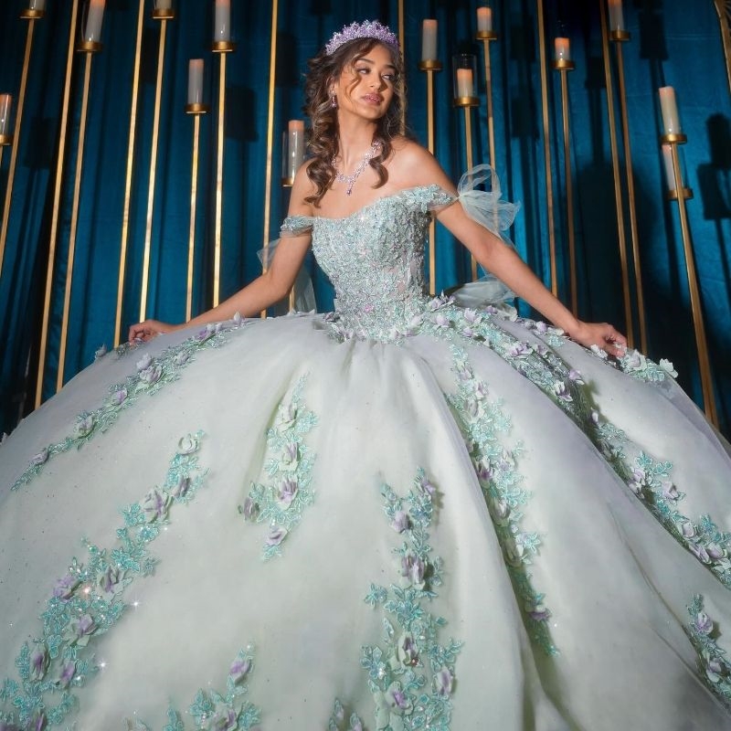 Mint Green Shiny Princess Quinceanera Dresses Off Shoulder Handmade wer Applique Beaded Tull Corset Sweet 16 vestido de 15 anos