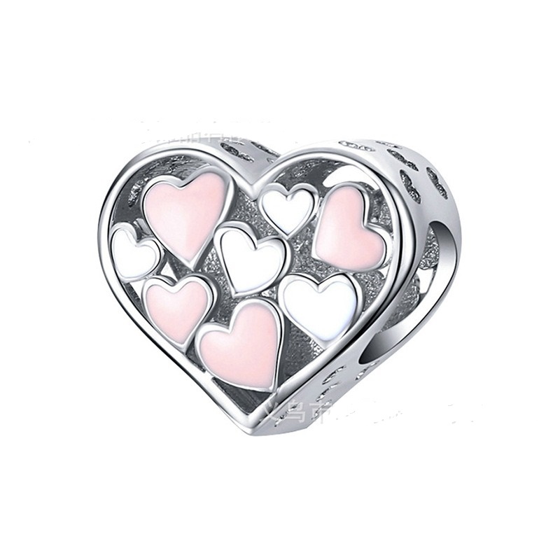 Hot Selling Best Quality Silver 100pcs / Lot Mixed European Charms Beads Pink Five Petals Flower Heart Handbag Fit Bracelet Snake safety chain DIY Cha