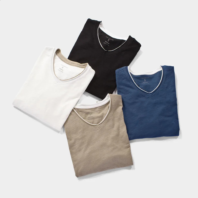 Fashion Mens T Shirt Vintage V-Neck Long Sleeve T-Shirts Male Casual Thin Solid Tee Tshirt Soft Comfortable Tops Clothing 240820