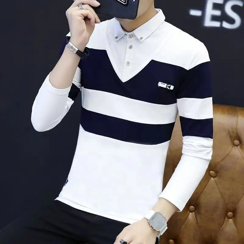 Spring Autumn Mens Solid Turn-down Collar Printing Striped Button Long Sleeve T-shirt Undershirt Fashion Casual Formal Tops 240820