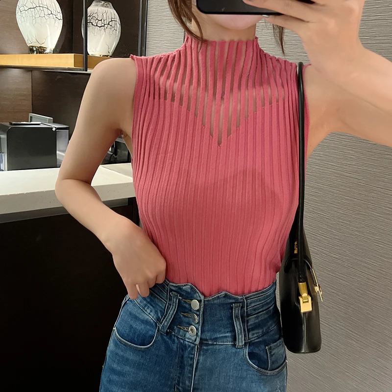 Womens Summer Fashion Half High Neck Hollow Splicing Gauze Elegant Slimming Sleeveless Knitted Top 240819