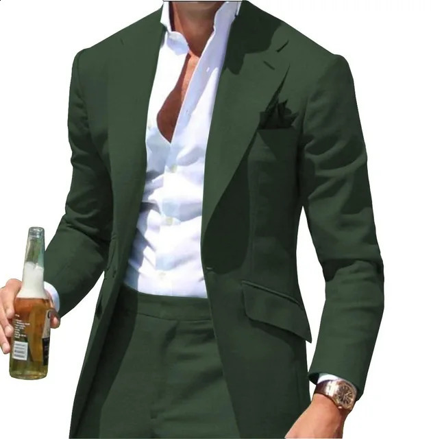 Costumes Pour Hommes Collar Men Suits Notched Green Slim Fit Blazers Jackets Pants 2PCS Causal Business Wedding Groom Wear 240819