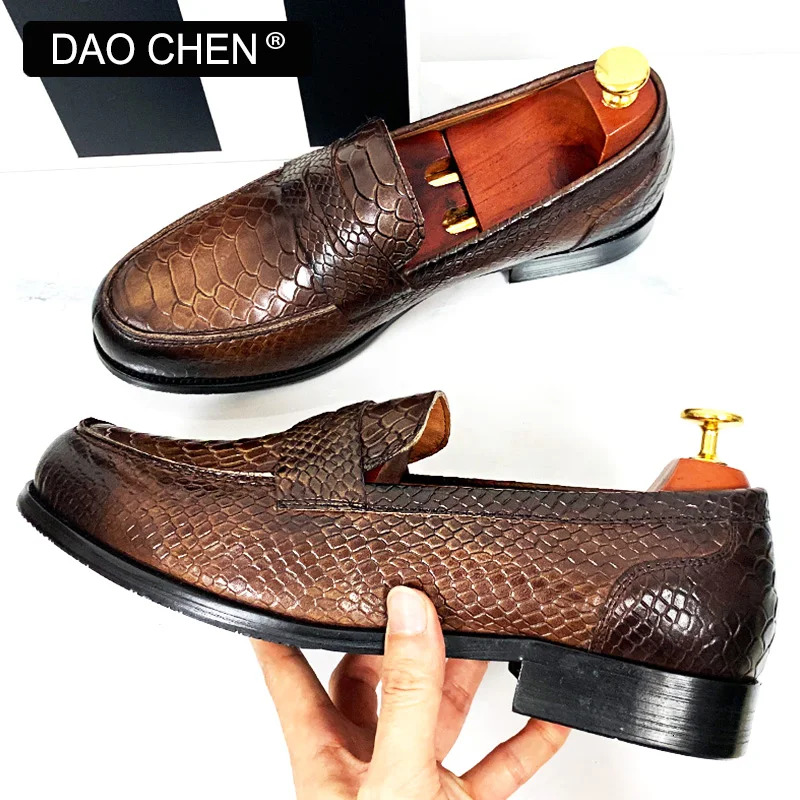 MEN LEATHER BLACK COFFEE SLIP ON SNAKE PRINT DRESS Men's CASUAL SHOES WEDDING OFFICE BANQUET Loafers Shoes For Men