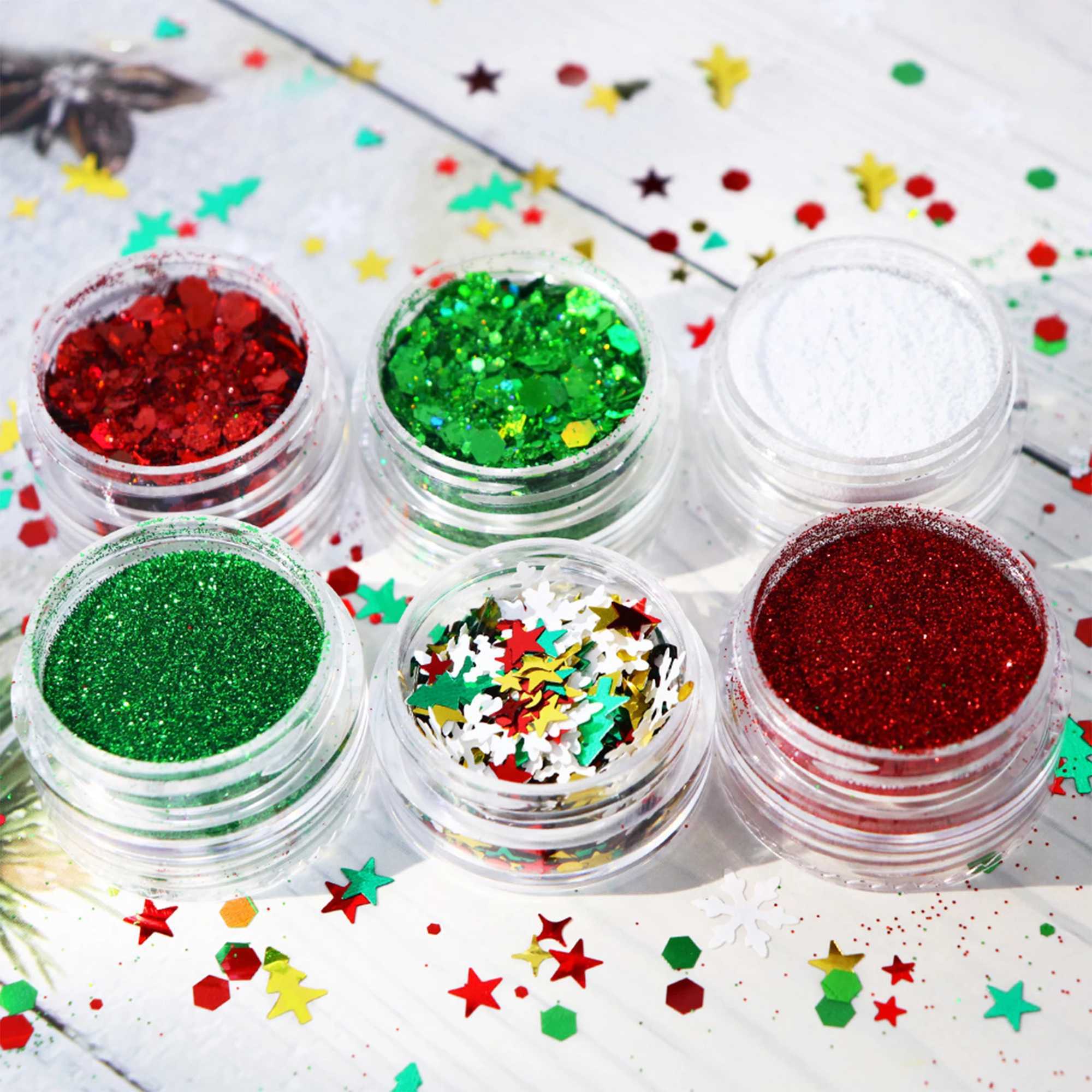 6pcs/set Christmas White Sequins Nail Art Glitter Powder Mermaid Dust Small Flakes Decorations For DIY Nails GlittersXJ240815
