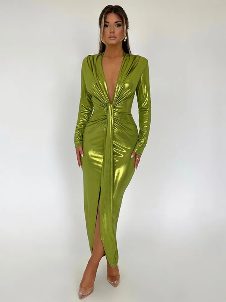 Mozision Deep V Neck Long Sleeve Bodycon Maxi Dress For Women Autumn Winter Ruched Shiny Sexy PU Leather Dress Vestidos 240819