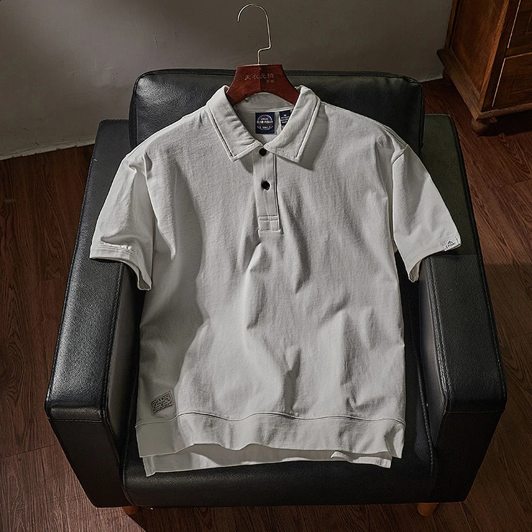 Summer American Retro Short-sleeved Lapel Solid Color Polo T-shirt Mens Simple 100% Cotton Washed Business Casual Tops 240819