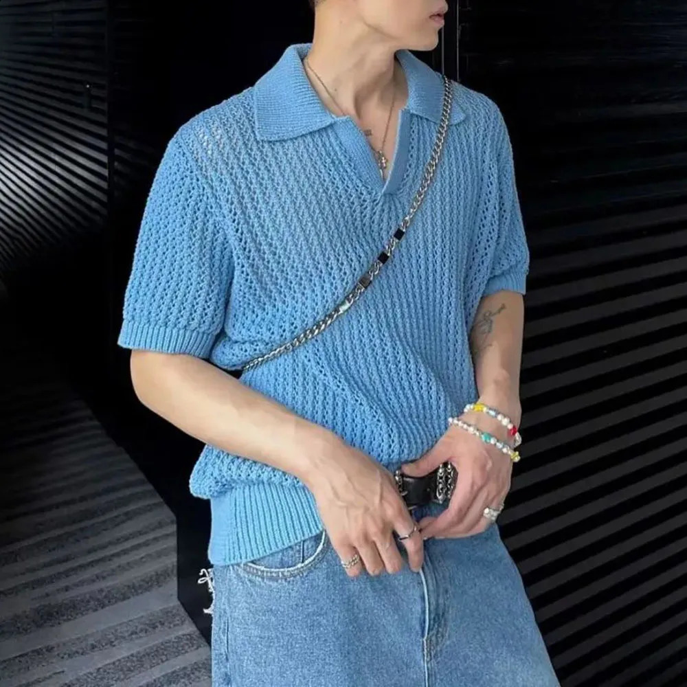 Mens Y2k Hollow Perspective Knitted Tops 2024 Daily Casual Personality Versatile Breathable Short-Sleeved Polo Shirt Men 240819