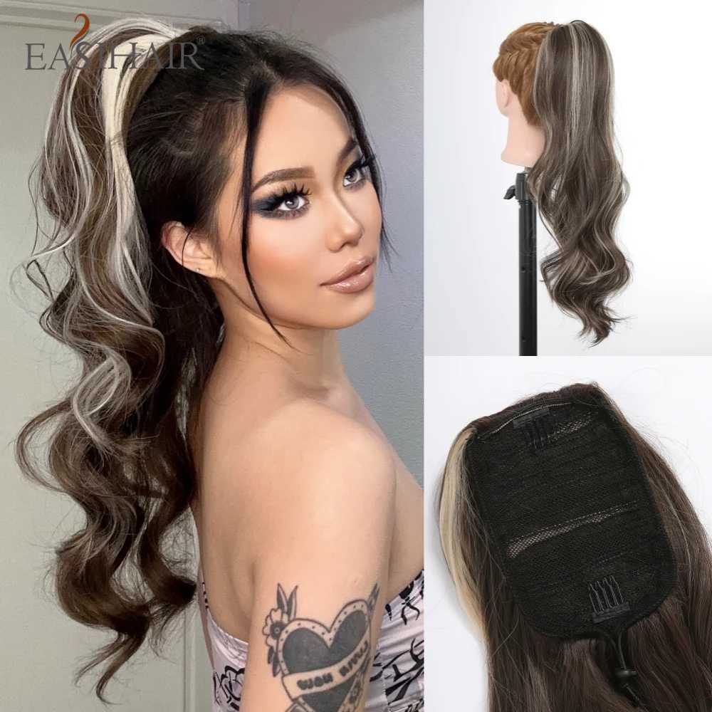Ponytail hair extensions into a long wavy brushed ponytail suitable for brown women with golden highlights ponytail wig W240817
