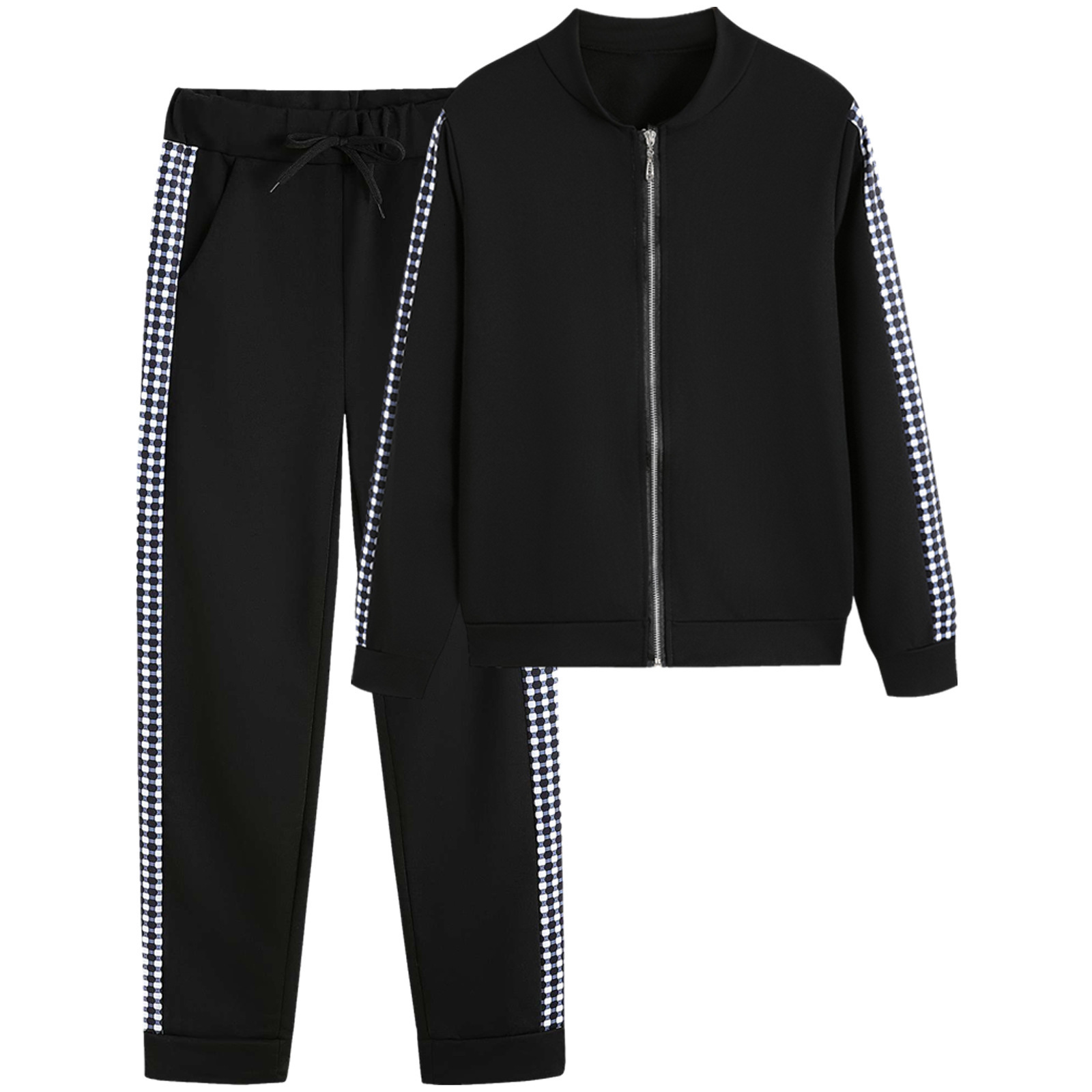 Autumn/winter New Long Style Sports and Leisure Zipper Splicing Grid Set Womens Clothing