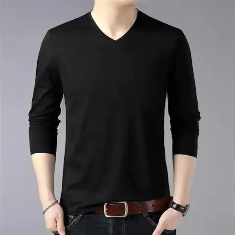 Spring Autumn Men Basic Long Sleeve T-Shirts Streetwear Fashion Slim V-Neck Versatile Male Clothes Casual Bottoming Tops 240820