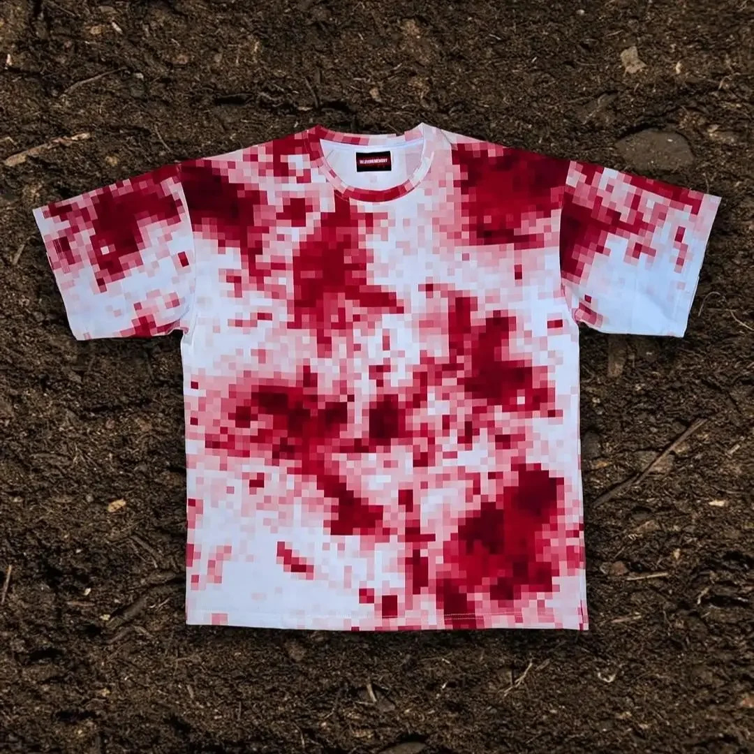 Streetwear Y2k T Shirt Harajuku Punk Red Pixel Style T Shirt for Mens and Womens Hip Hop Trend Round Neck Short Sleeved Tops 240819