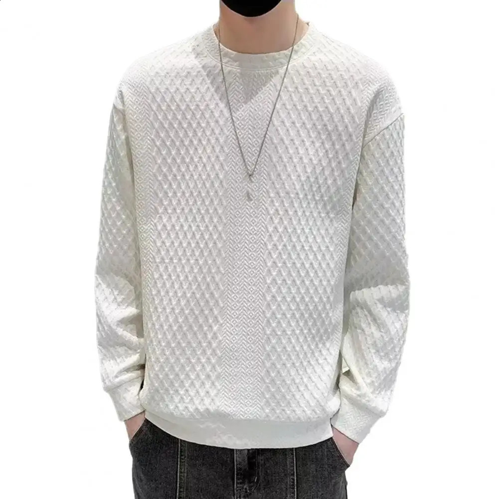 Mens daily sweater solid color comfortable mens winter thick knit round neck with waffle casual 240819