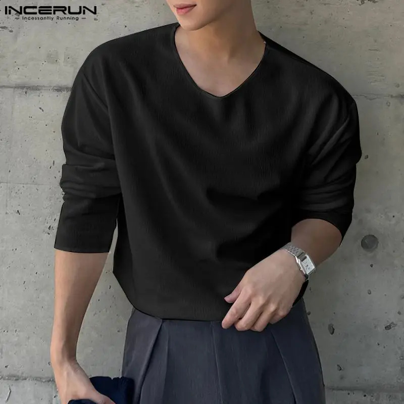 INCERUN Tops Korean Style Fashion Mens Loose V-neck Knitted T-shirts Summer Casual Streetwear Long Sleeved Camiseta S-5XL 240820