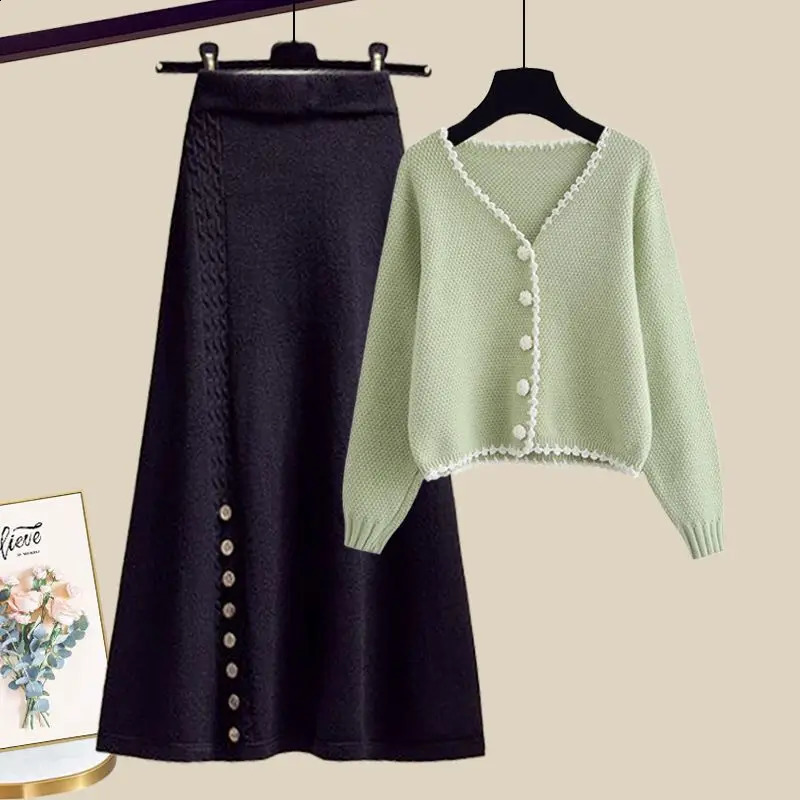Autumn Womens Clothing Set Skirt Tea Style Dressing Early Winter Green Sweater Coat Skirt Two Piece Setwinter Clothes Women 240820