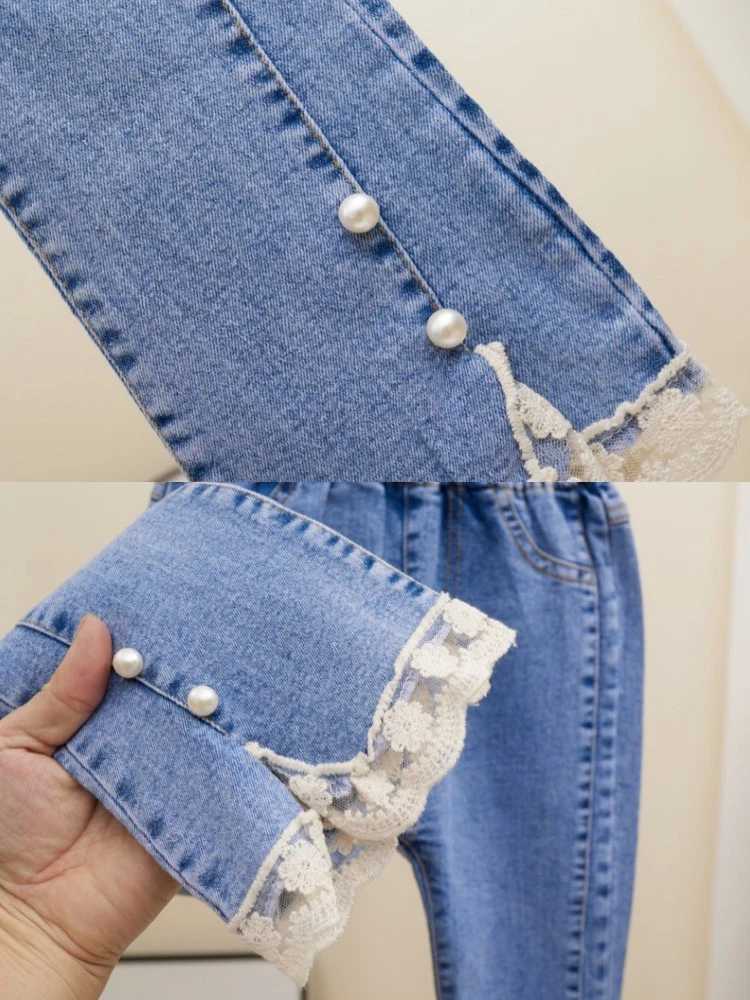 2-12-year-old girls jeans fashionable lace stretch denim Flared Pants spring and autumn solid color Trouser teenage girls clothingW240819