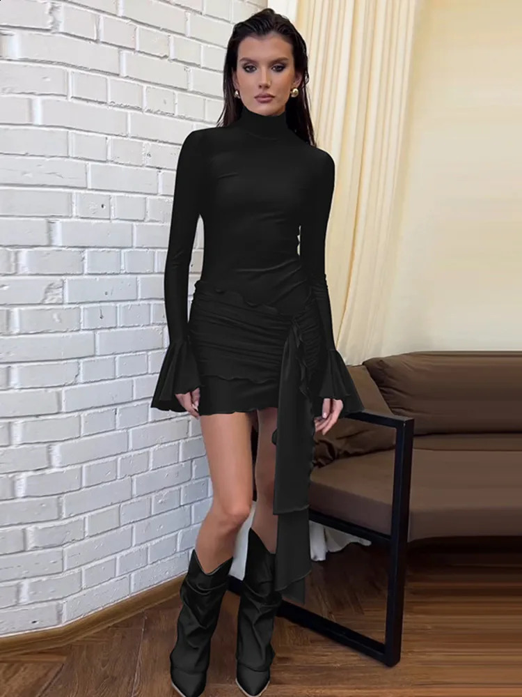 Mozision Flare Long Sleeve Draped Sexy Mini Dress For Women Half High Collar Ruched Bodycon A-line Elegant Party Dress Clubwear 240819