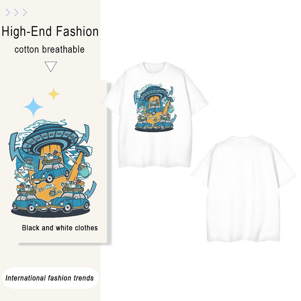 Loose Fit UFO 100% Cotton 230g Men Tops Tees Casual Breathable Short Sleeve Man T Shirts Fashion New Anime Top Tees
