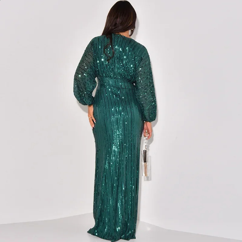Women Sequined Deep V-neck High Waist Tunic Birthday Bodycon Midi Maxi Dress Autumn Sexy Party Dresses Vestidos 240819