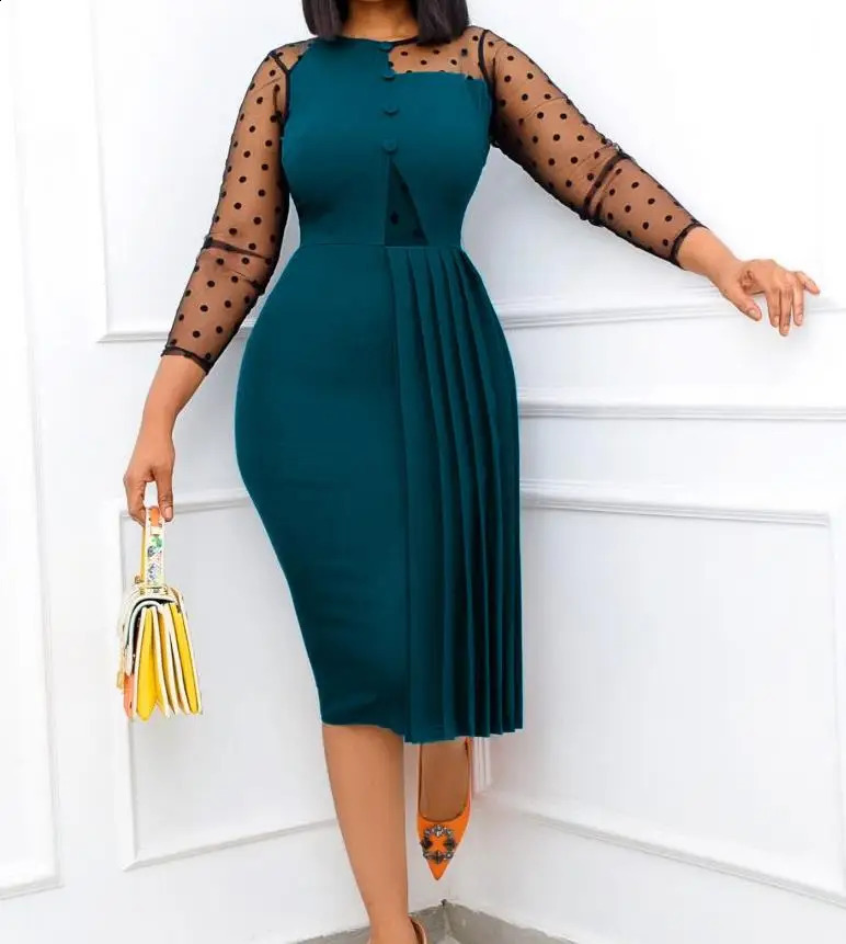 Dresses Women Autumn Fashion Mesh Spliced Long Sleeve Slim Fit Wrap Hip Split Temperament Elegant Dress Female Clothing 240819