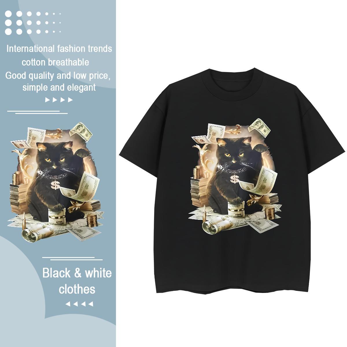 Loose Mens T Shirts cat Breathable Crew Neck Summer Casual Skull 100% Cotton 230g Men Tops Tees Fashion Casual Tees Shirts