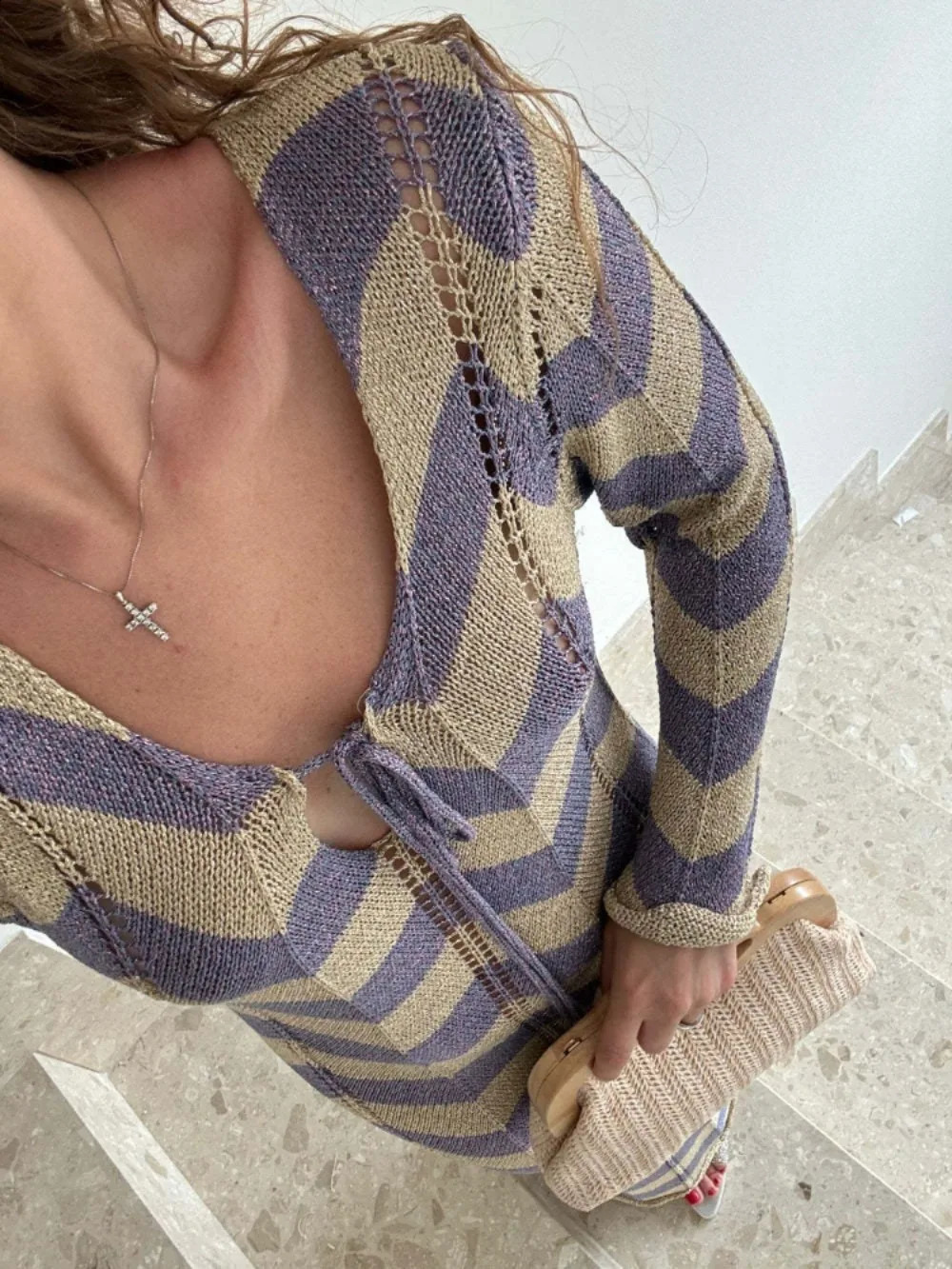 Elegant Striped Knit Maxi Dress Sexy Hollow Out Long Sleeve Holidays Beach Dress for Women Autumn Fashion Lace Up Party Dresses 240819
