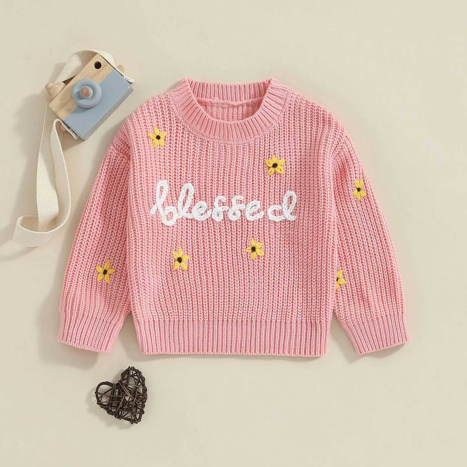 FOCUSNORM 0-3Y Autumn/Winter Girl Sweater 2-Color Long Sleeve Round Neck Flower Letter Embroidered Knitted Pullover Top W240820