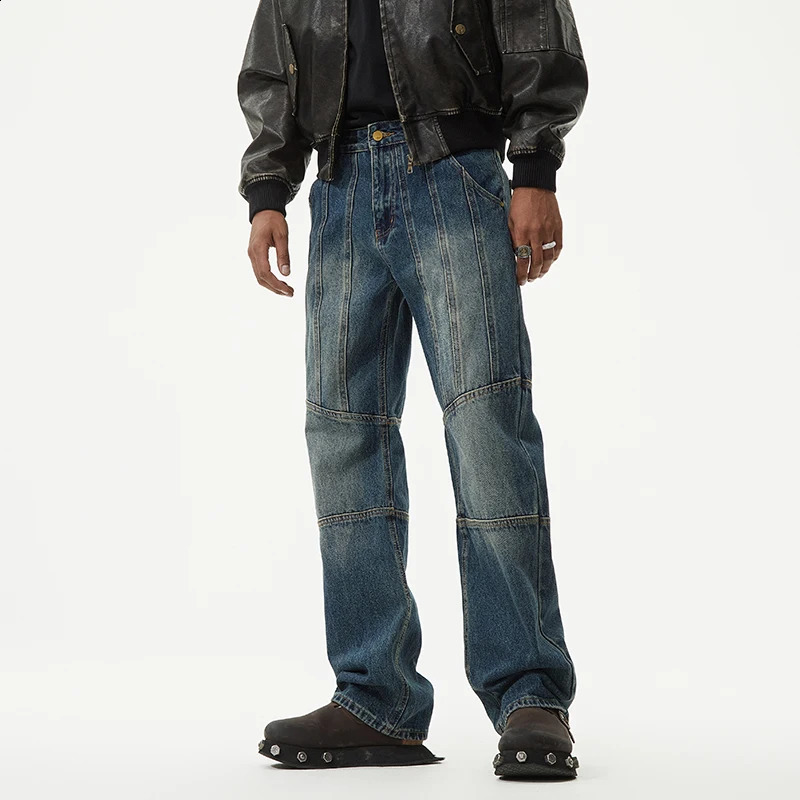 Y2K Streetwear American retro trend mens jeans personalized splicing loose straight pants 240819
