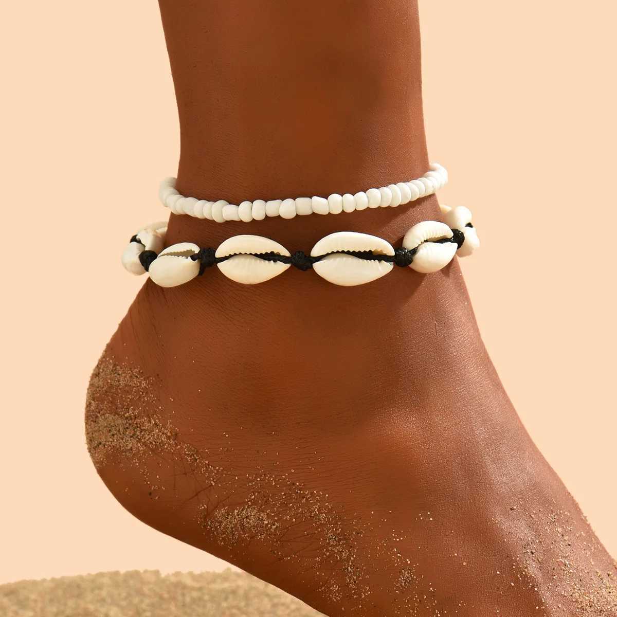 2 pieces/set of Bohemian natural shell bead necklaces suitable for womens beach barefoot jewelry fashionable handmade ankle chains shell ankle bracele