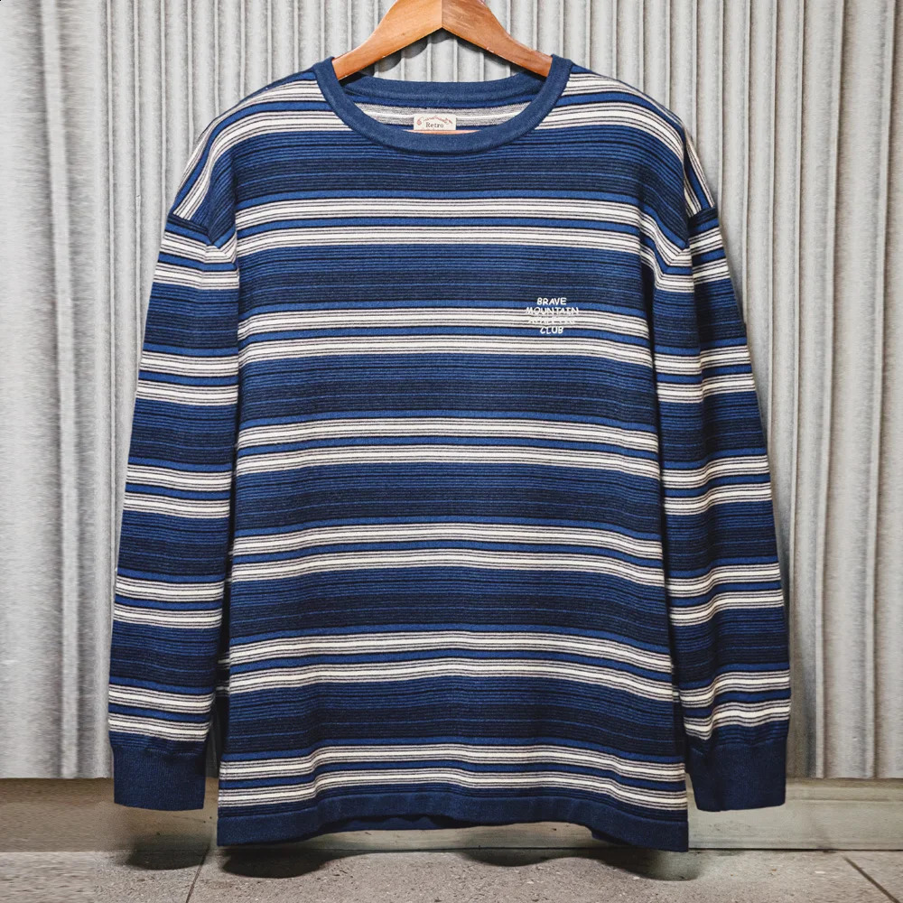 Maden Casual Contrast Striped Knit Pullover Cityboy Blended Round Neck Long-sleeved T-shirt for Mens Spring Tops 240820