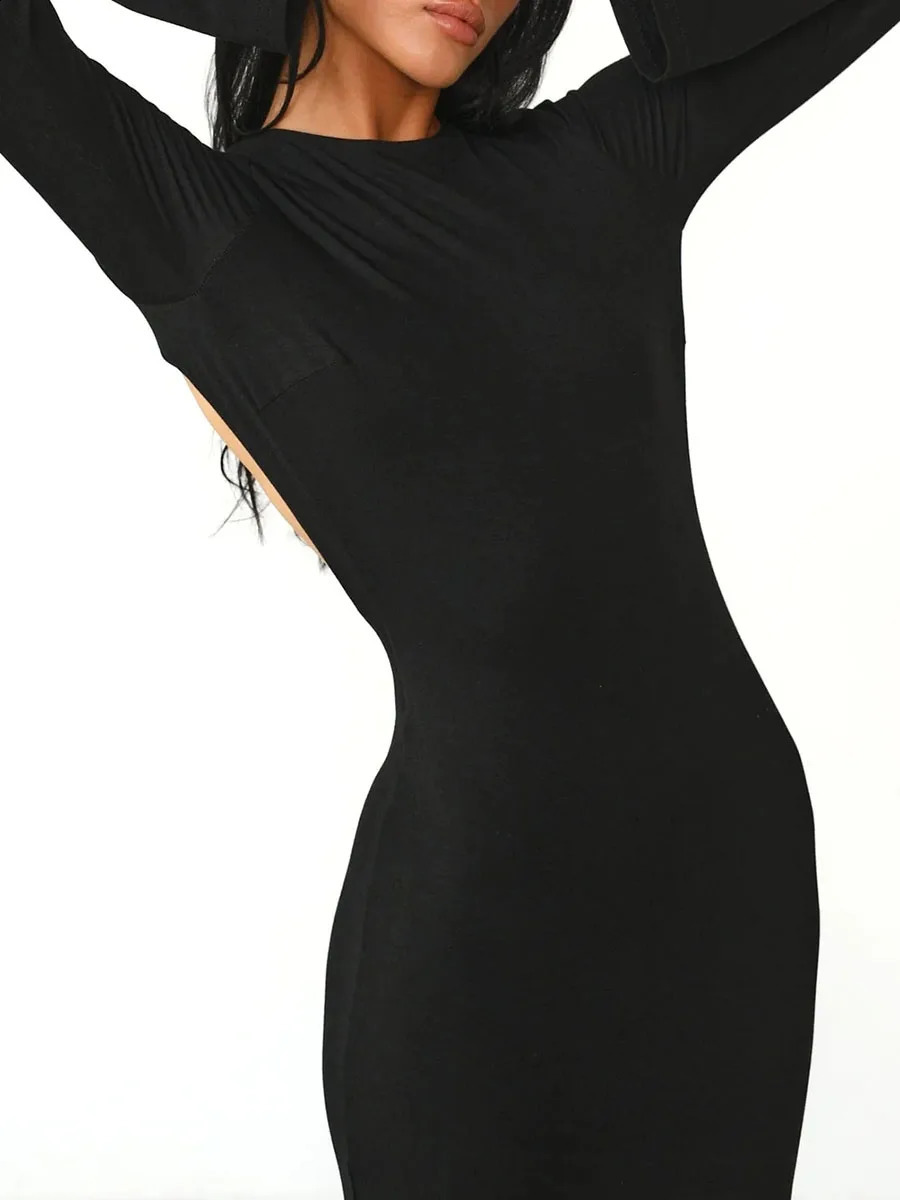 Women Backless Elegant Sexy Chic Long Dress Solid Color Black Long Sleeve Fashion Tie Back Boat Neck Slim Dress 240819