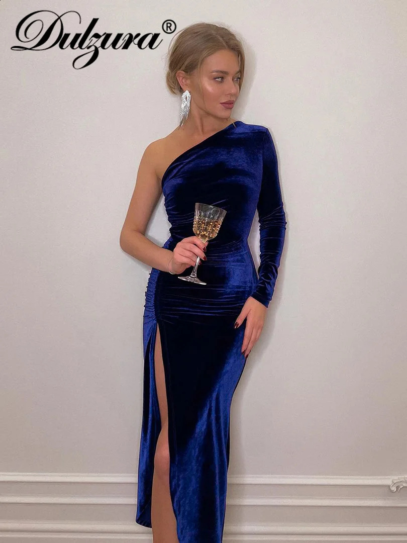 Dulzura Solid Long Sleeve One Shoulder Ruched Slit Velvet Midi Dress Bodycon Sexy Party Club Elegant Evening Christmas Fall 240819