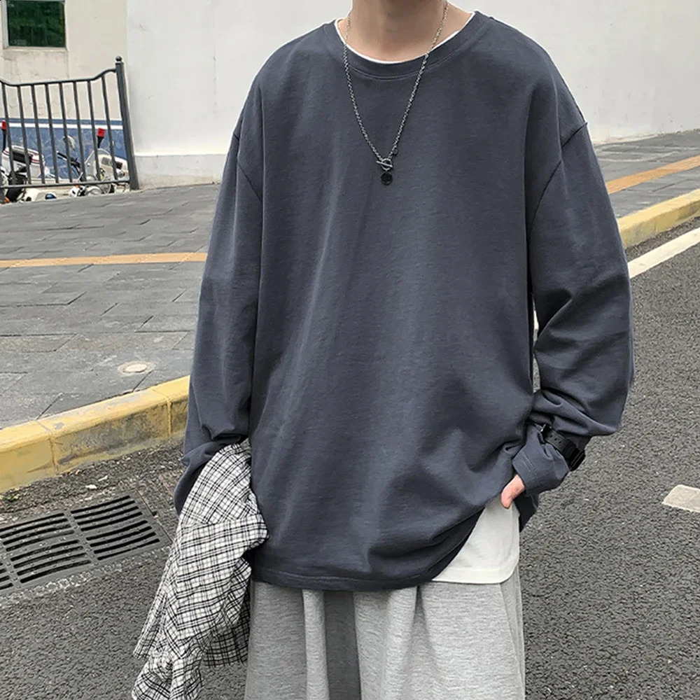 Long Sleeve t shirt for Men Autumn Fashion Cotton Solid Color t-shirts Cozy Streetwear Mens t-shirt Baggy Korean Trendy 240820