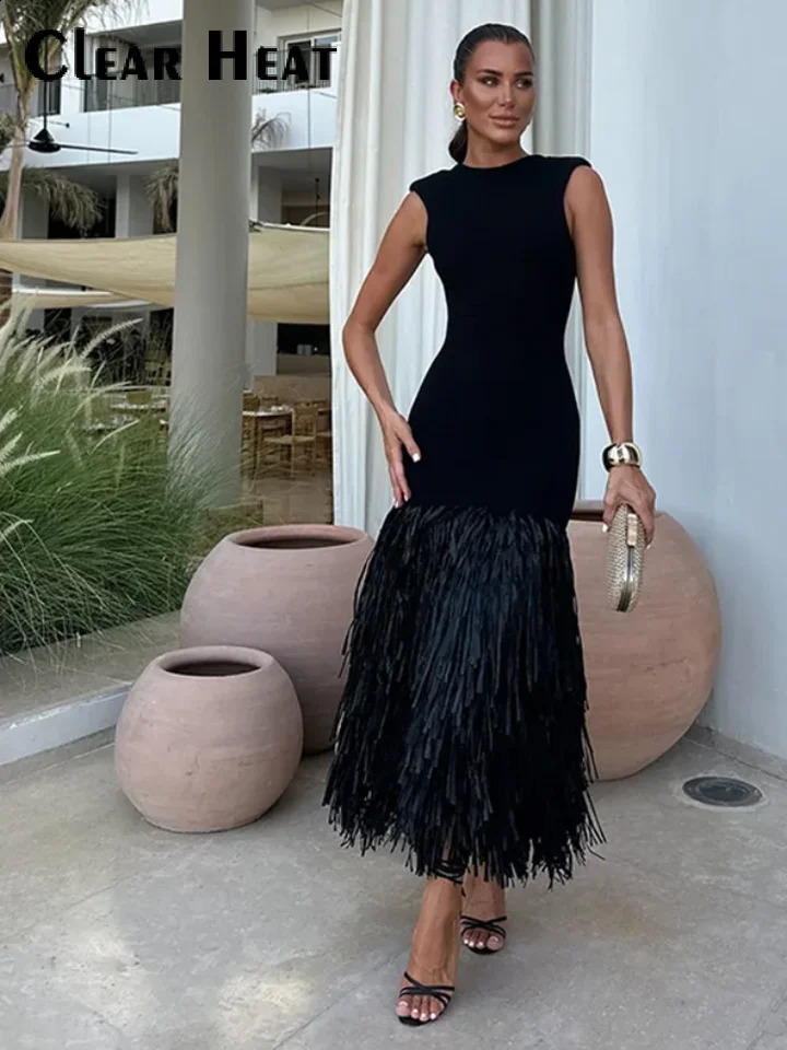 Fashionable black tassel shoulder pad knitted Maxi dress sexy zipper sleeveless ultrathin summer womens vacation robe 240819