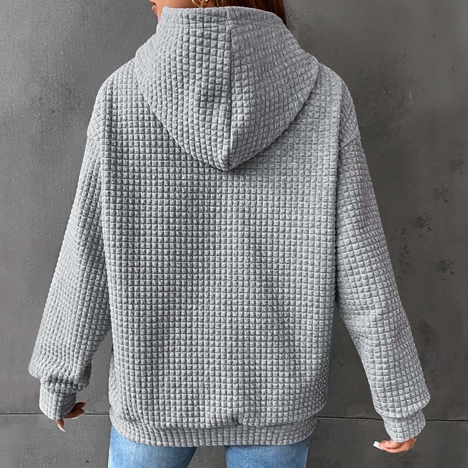 Women's Solid Color Waffle Hoodie with Long Sleeves and Drawstrings - Warm Pullover Top
