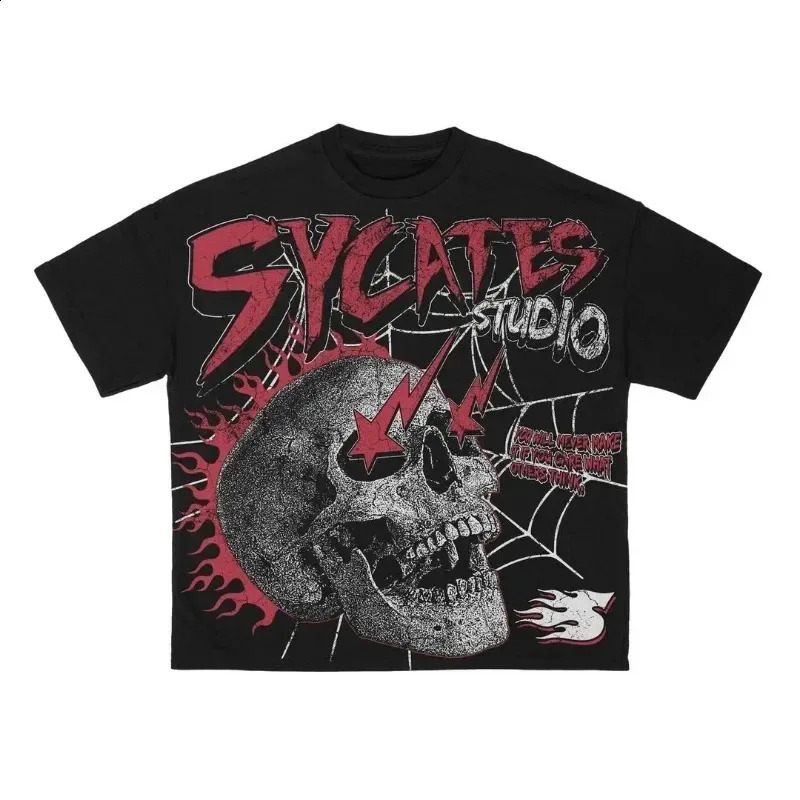2024 American summer style shortsleeved personalized printed skull round neck Tshirt oversized street wear retro loose top 240819