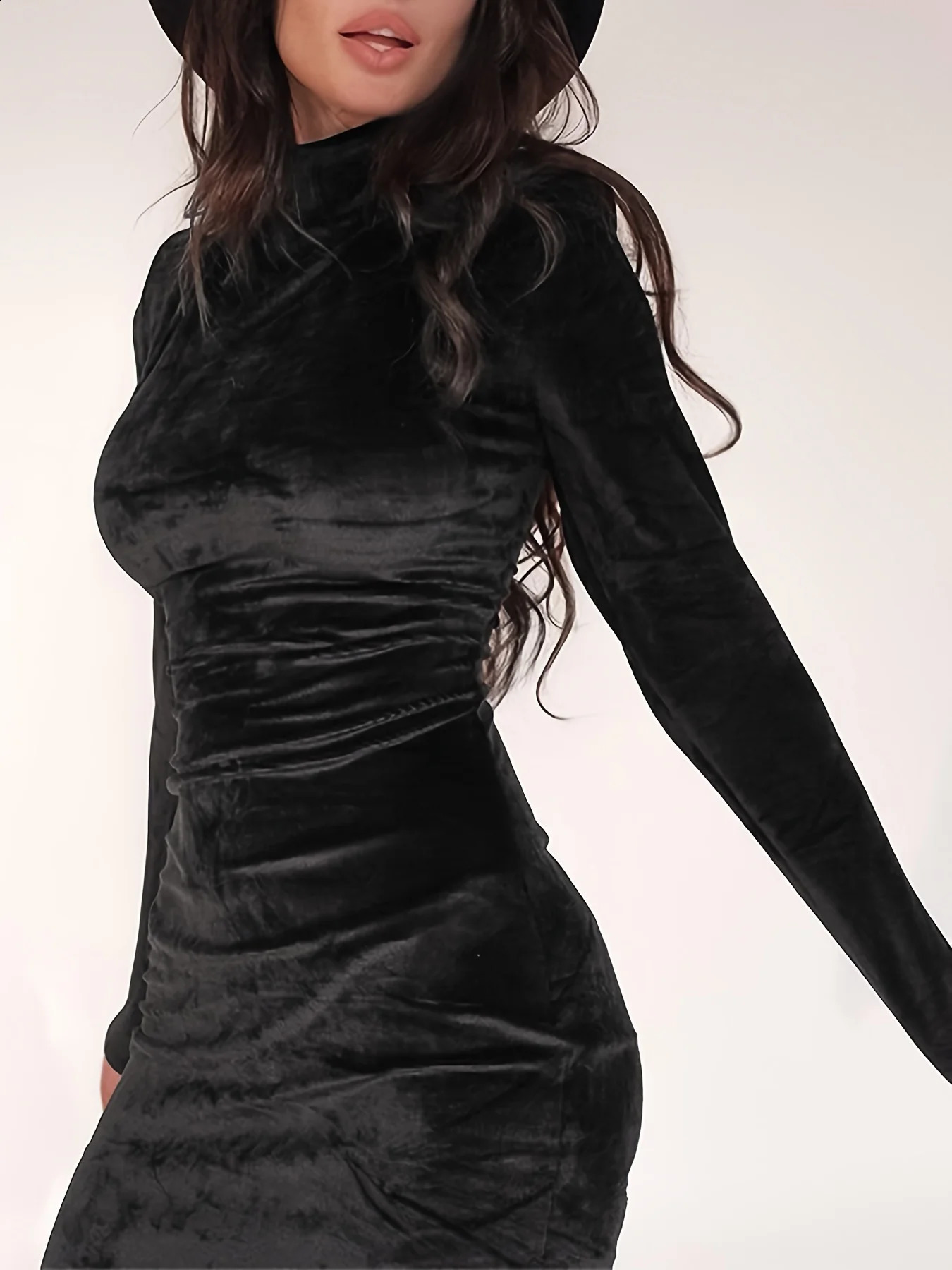 Womens Black Dress Long Sleeve Dress Half High Collar Sexy High Tight Velvet Sheath Dress Evening Party Elegant Vestido Robe 240819