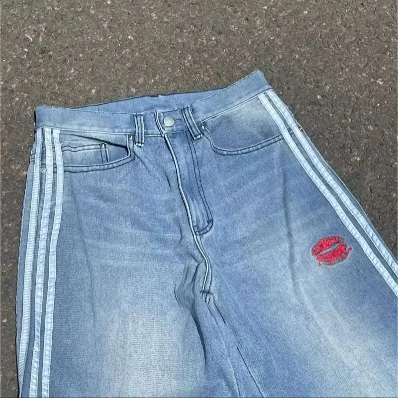 Y2K Harajuku Rare Person Bag Jeans Retro Side Line Embryo Pattern Super Cool Street Gothic Nine Quarter Leg Pants 240819