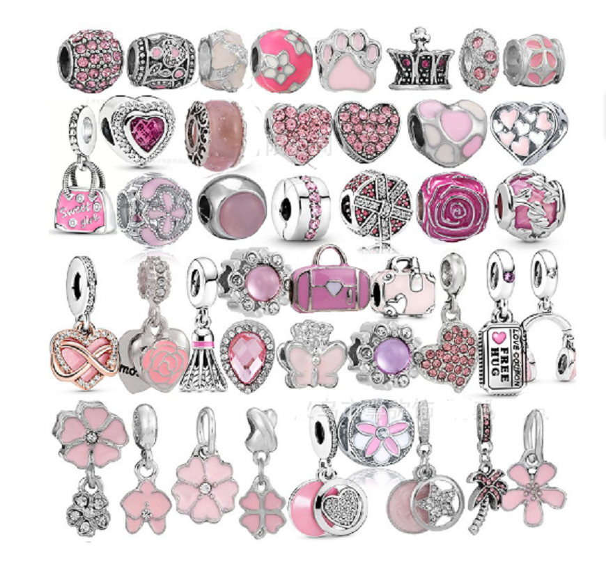Hot Selling Best Quality Silver 100pcs / Lot Mixed European Charms Beads Pink Five Petals Flower Heart Handbag Fit Bracelet Snake safety chain DIY Cha