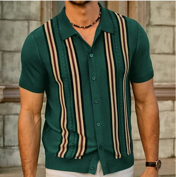 Summer green striped short sleeved slim fit business polo knitting trend 240820