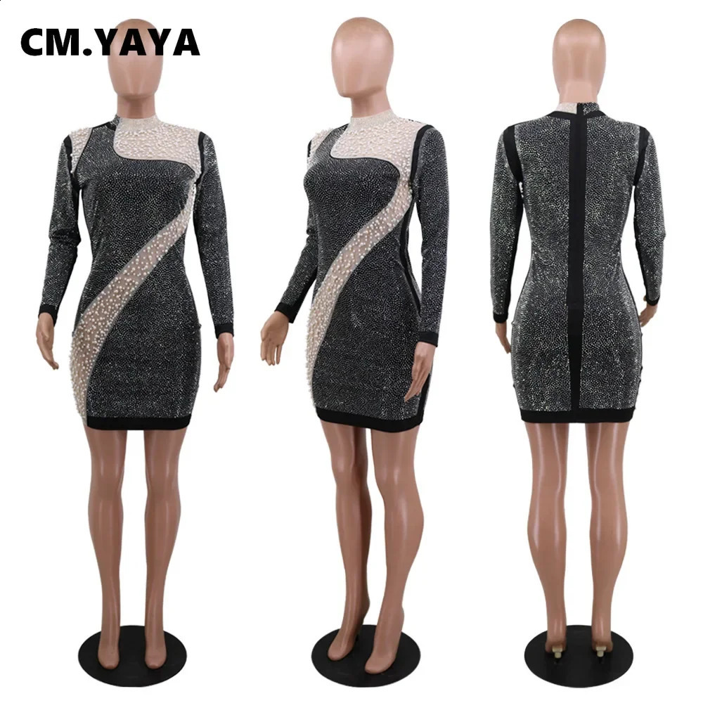 CM.YAYA Autumn Winter Sequins Beading Mesh Splicing Women Mini Dress Long Sleeve Bandage Bodycon Night Club Sexy Midi Dresses 240819