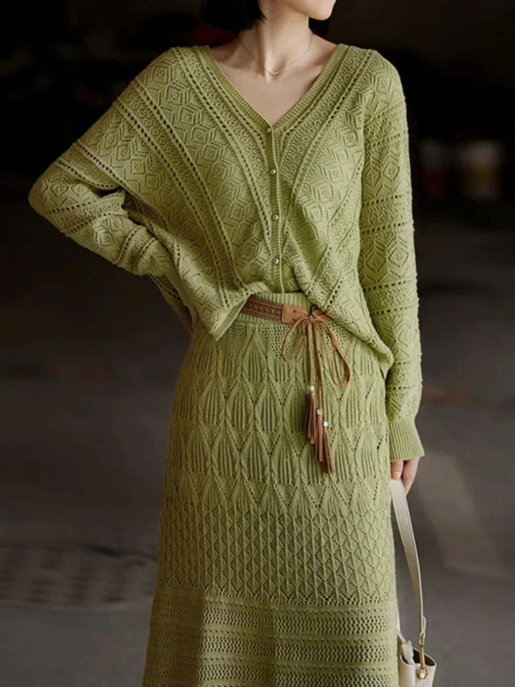 Korean Fashion Slim High Waist Long Skirt Set Autumn Elegant Sets for Women 2 Pieces Loose V-neck Knitted Cardigan Two-piece Set 240820
