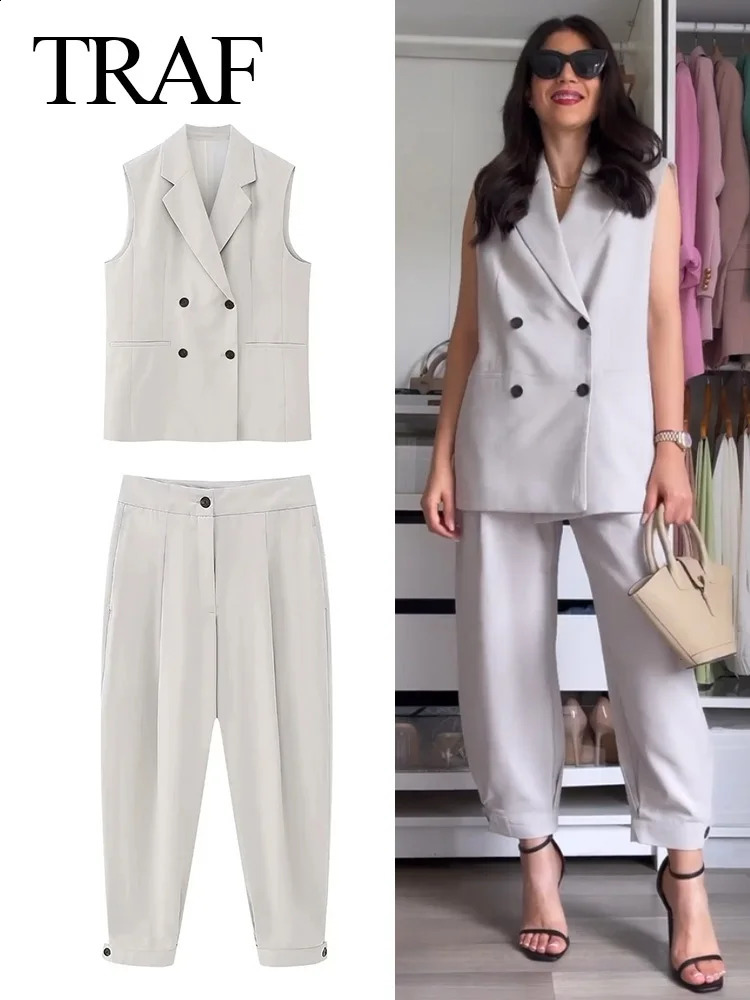 TRAF Trend Womens Fashion Set Back Slotted Collar TopButton Decorated High Waist Office Unprinted Good Pants 240819