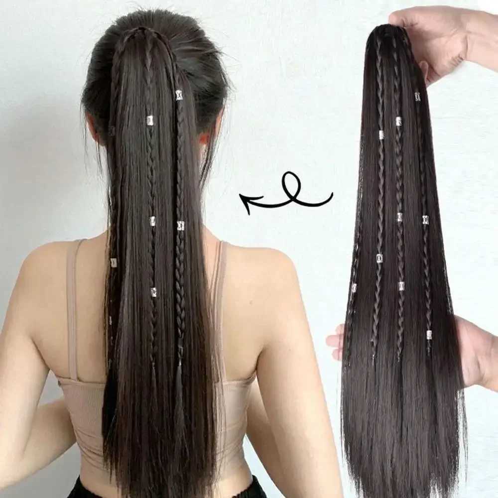 Female synthetic wig fake ponytail extended ethnic style straight twisted braid clip on wig hip-hop girl gentle version W240817